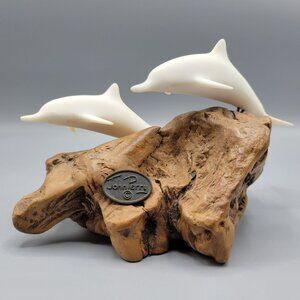 Vintage John Perry White Dolphin Sculpture On Driftwood Base 4" Tall